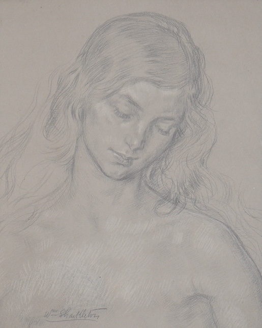 William Shackleton (British, 1872-1933), pencil heightened with white, Study of a young woman, signed, 24 x 19cm, unframed. Condition - good, laid down with a card mount.